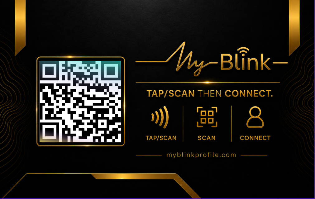 MyBlink card back — QR code, tap/scan/connect
