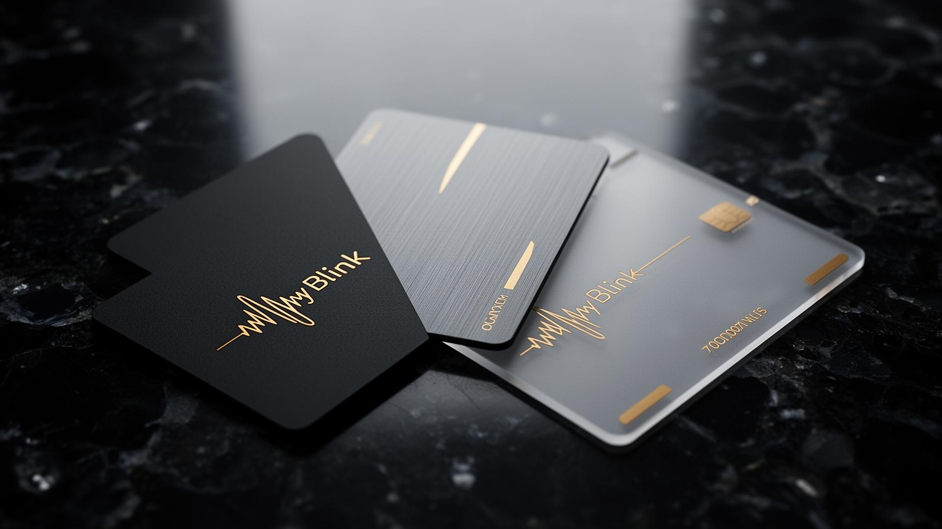 Three MyBlink smart cards — matte black, brushed metal, and frosted